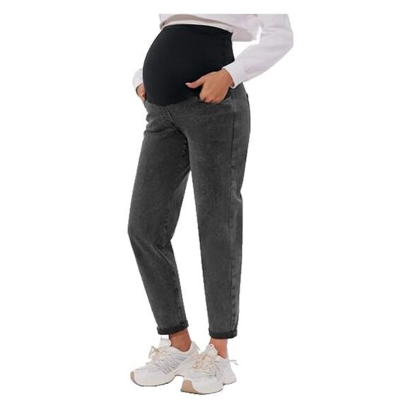 NEW- POSHGLAM Maternity Over Belly Boyfriend Washed Black Jeans- Women's M - Picture 1 of 6